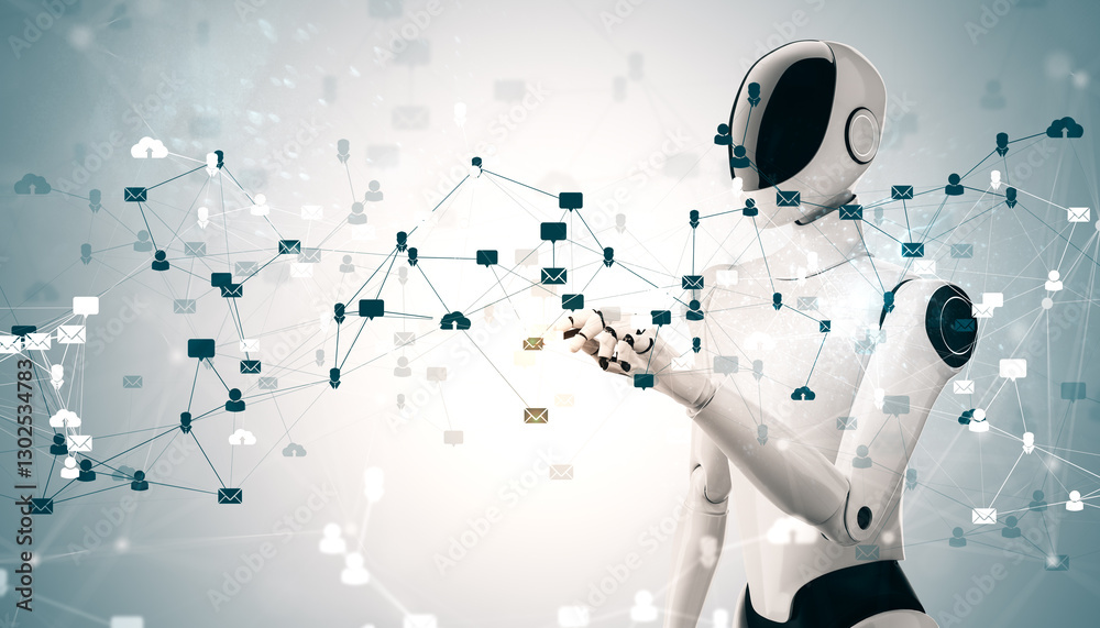 Poster Futuristic humanoid robot interacting with a digital social network. 3D Rendering