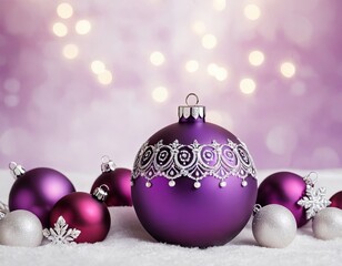 Fototapeta premium Elegant purple Christmas ornament with silver detailing surrounded by matching baubles, creating a festive mood.