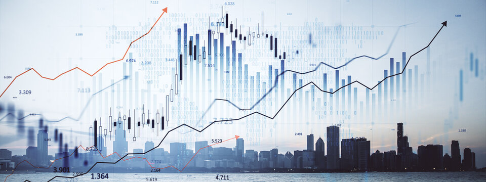Financial growth concept with double exposure of cityscape and rising market charts.
