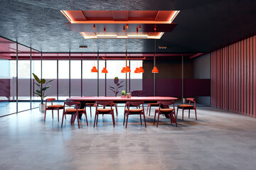 Modern boardroom with red accents and glass partitions. 3D Rendering