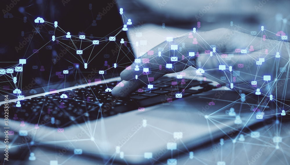 Poster digital network communication concept with hand typing on laptop keyboard.