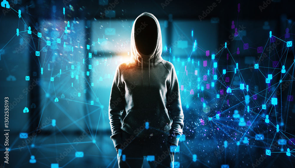 Poster Anonymous hacker in hoodie standing in digital network background.