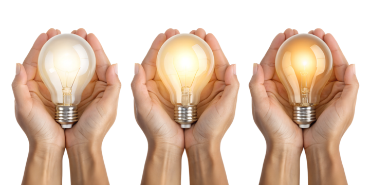 Three Different Style Hand Holding Light Bulb, Glowing Light Bulb in Hand, Symbolizing New Ideas and Innovation, PNG Transparent
