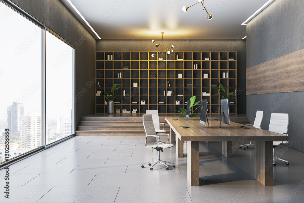 Poster modern office interior with large windows and bookshelves. 3d rendering