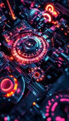 Futuristic tech ecosystem  startups as cogs in a neon lit digital machine representation