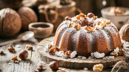 Fototapeta premium Deliciously Decorated Bundt Cake with Nuts and Coconut Flakes