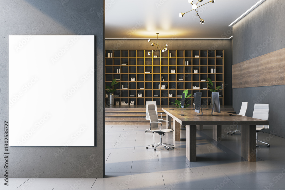 Poster modern office interior with bookshelves and empty wall for poster display. 3d rendering