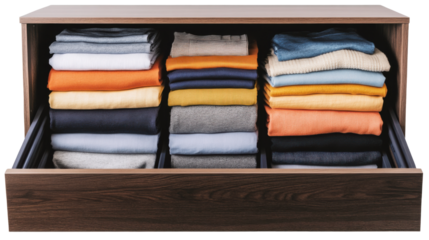 A deep drawer with a variety of folded shirts and pants, organized and arranged by color, isolated on a transparent background, showing a neat and functional storage space