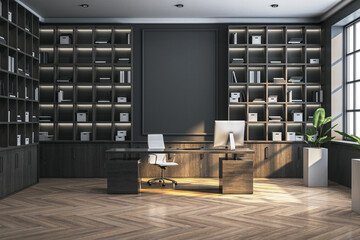 Modern executive office with bookshelves and desk. 3D Rendering © Who is Danny
