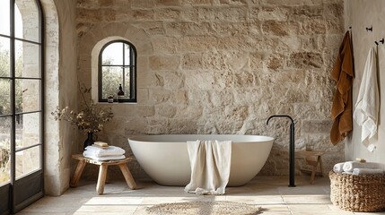 Luxurious freestanding bathtub in rustic stone bathroom.