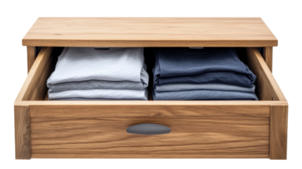 A wooden wardrobe with open doors revealing neatly organized clothes, showcasing various outfits and hangers, isolated on a transparent background, emphasizing the spacious interior