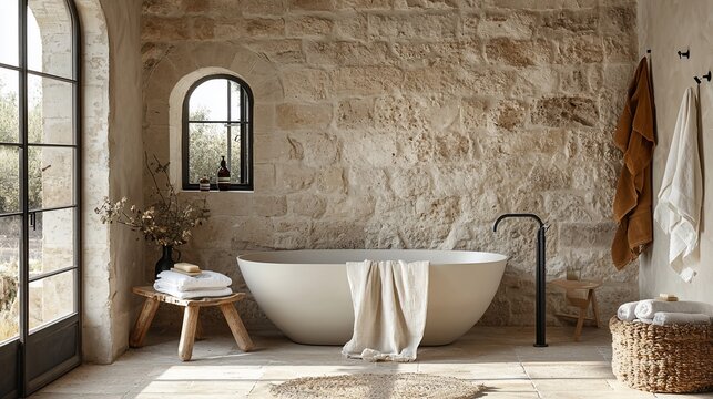 Luxurious freestanding bathtub in rustic stone bathroom.