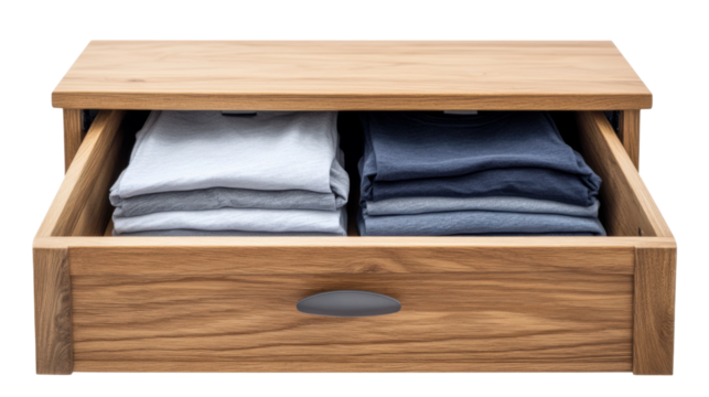 A wooden wardrobe with open doors revealing neatly organized clothes, showcasing various outfits and hangers, isolated on a transparent background, emphasizing the spacious interior