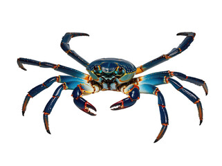 A vibrant blue crab with striking features and long pincers, showcasing its intricate details.