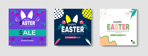 Happy Easter sale banner set. suitable for placard, background,Greeting Card, Poster trendy design template 
with text inscription, standard Social Media Post.
