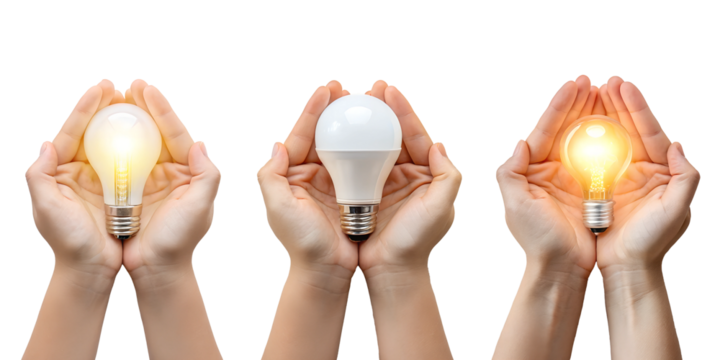 Three Different Style Hand Holding Light Bulb, Glowing Light Bulb in Hand, Concept of Bright Ideas and Creativity, PNG Transparent