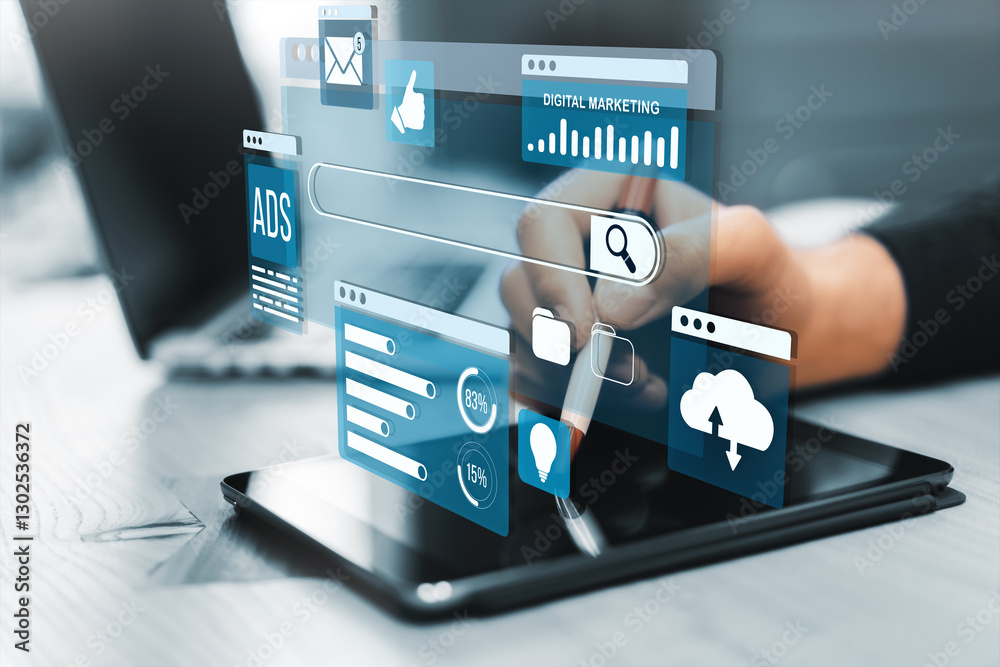 Poster digital marketing analytics with holographic interface on tablet.