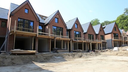 A row of townhouses in various stages of construction, exposed brick walls and wooden frames.