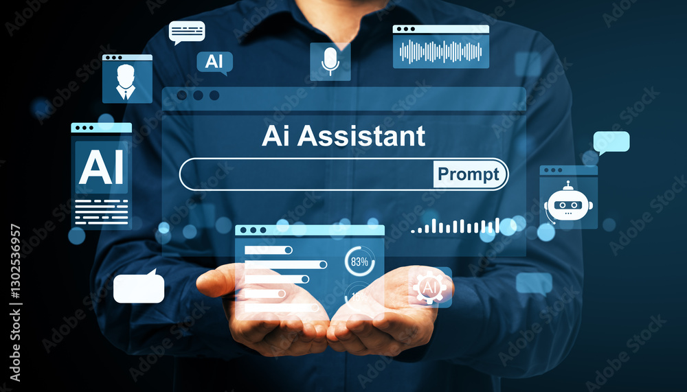 Poster man presenting ai assistant interface on dark background.