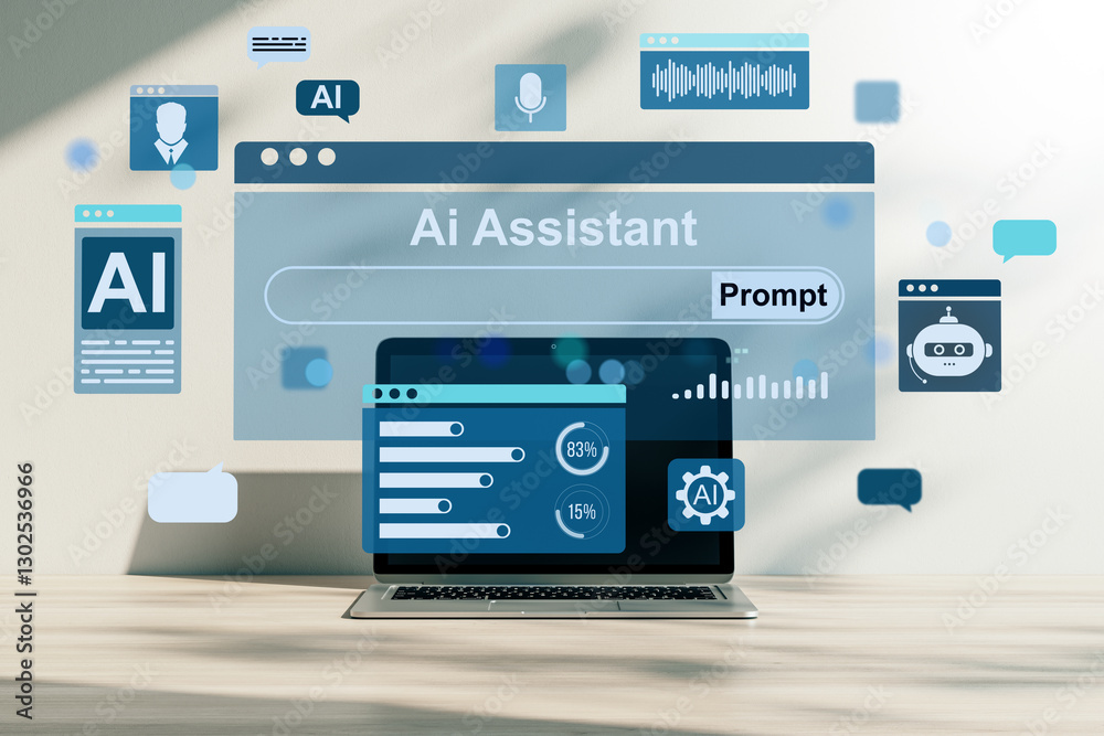 Aufkleber AI Assistant interface on laptop screen with various AI icons. 3D Rendering