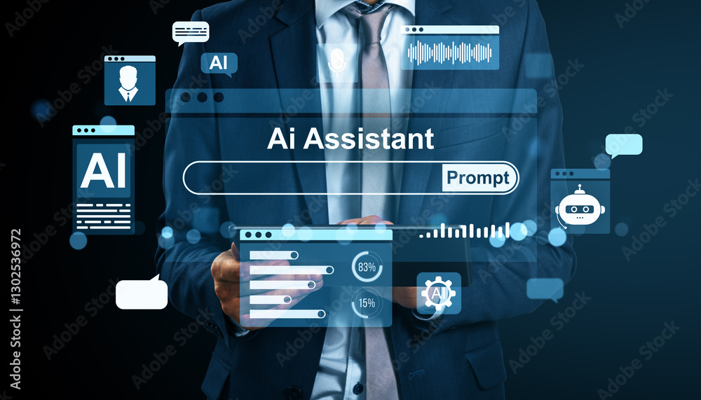 Poster Businessman using AI assistant interface on digital screen.