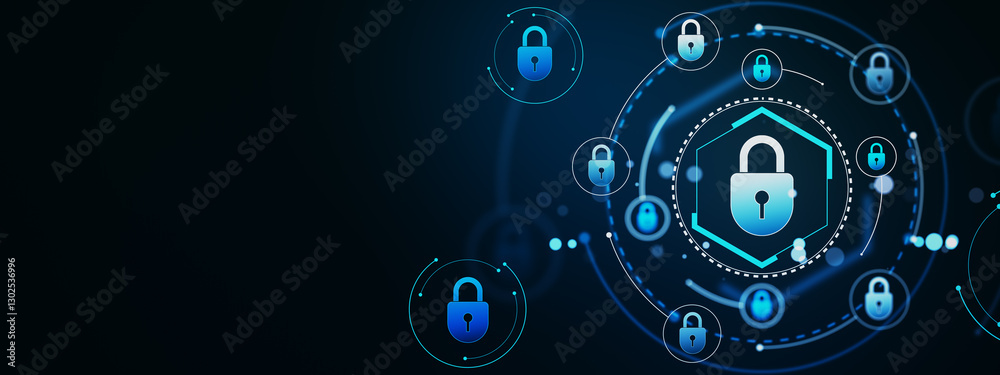 Aufkleber Digital security concept with padlock icons on dark background. 3D Rendering
