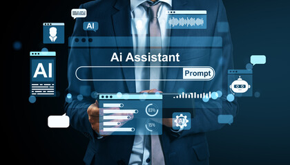 Businessman using AI assistant interface on digital screen.