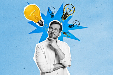 Thoughtful businessman with creative idea lightbulbs on blue background.