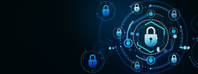 Digital security concept with padlock icons on dark background. 3D Rendering