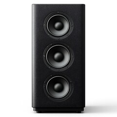 Black bookshelf speaker with rounded corners and edges, matte surface material, front view, white background, product photography, 