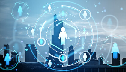 Digital network of people icons over cityscape background.