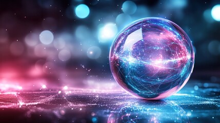 Neon sphere on a reflective surface