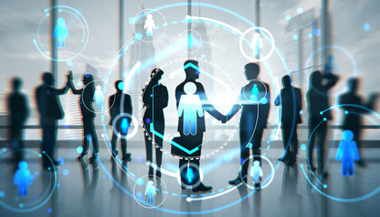 Businesspeople shaking hands with digital network overlay.