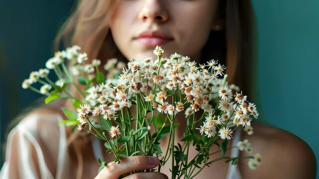 close-up of a woman holding valerian in her hands. Selective focus