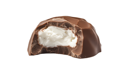 A piece of milk chocolate with a bite taken out of it, showcasing the creamy interior. The chocolate is isolated on a transparent background for focus on its details