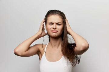 Emotion, frustration, stress, woman, holding head, white background, negative expression, pain,...