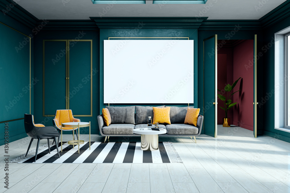 Aufkleber modern waiting area with empty white canvas on deep green wall. 3d rendering