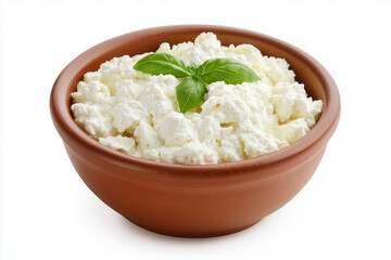 Delightful serving of fresh ricotta cheese presented in a charming small bowl, elegantly garnished with a vibrant basil leaf on top