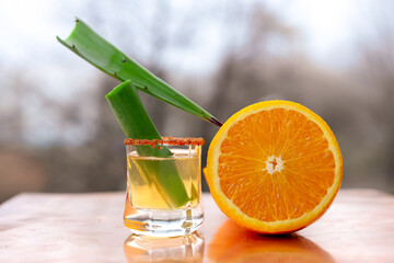 Mezcal Mexican drink with orange slice, worm salt, and agave leaves. Copper surface. Foggy blurred nature background. Copy space. 