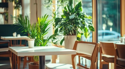 Obraz premium Relaxing nature-themed cafe with warm wooden tones, fresh green plants, and a sleek white interior, filled with soft daylight.