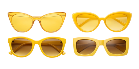 4 Different Style Yellow Fashion Sunglasses with Yellow Lenses, Chic Yellow Sunglasses, Stylish Fashion Sunglasses, PNG Transparent