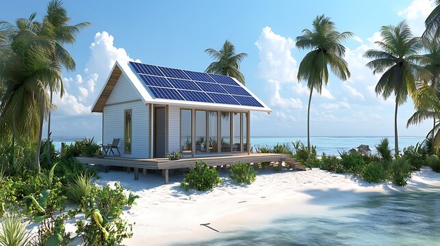Beach House Solar Panels. Eco-friendly home energy by ocean on a sunny tropical coast