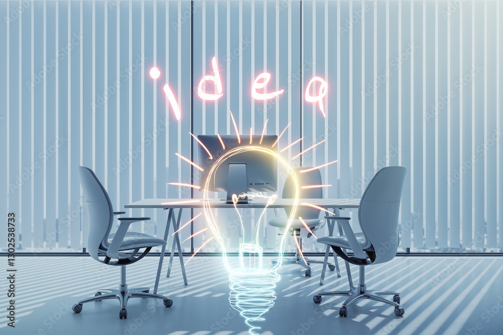 Poster office desk with glowing lightbulb symbolizing idea.