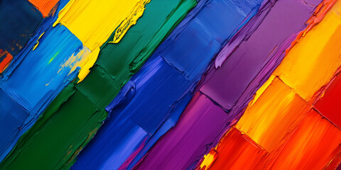 Colorful abstract stripes display vibrant layers of paint in a rainbow pattern with bold hues and textured brushstrokes. LGBT background
