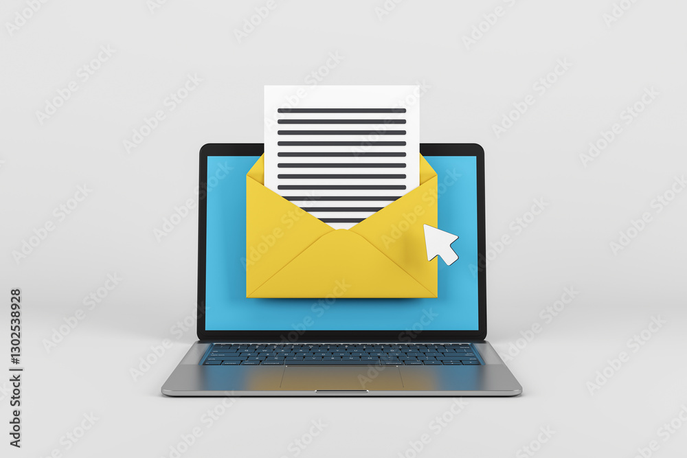 Poster Email icon on laptop screen with cursor. 3D Rendering