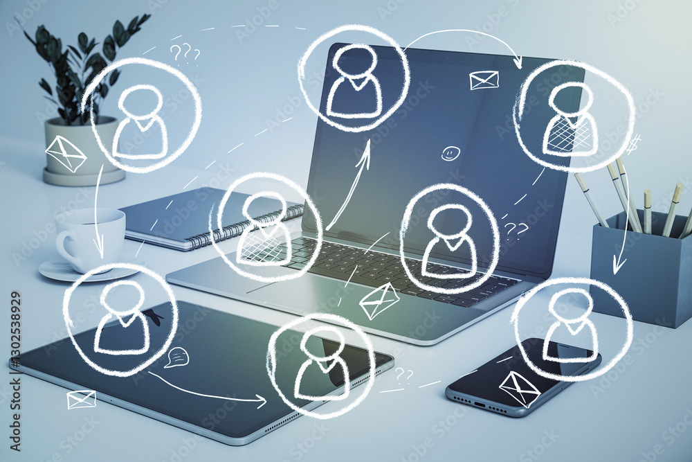 Aufkleber business networking concept with laptop and mobile devices on office desk.