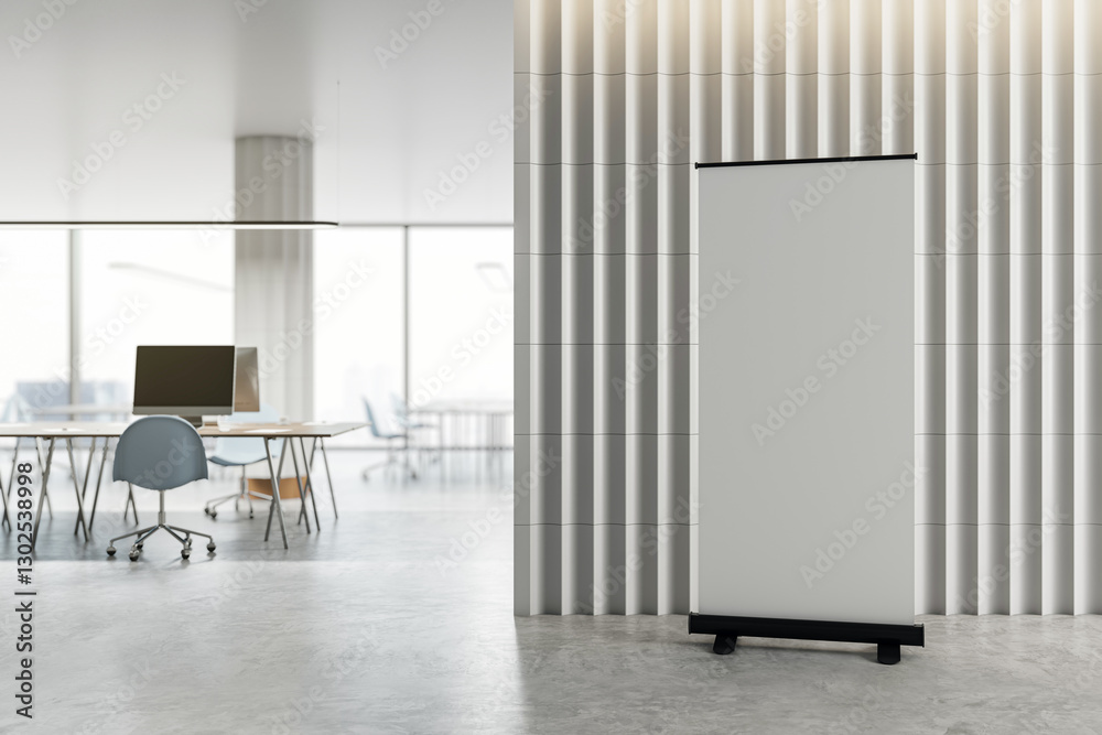 Poster office interior with empty modern design and rollup banner mockup. 3d rendering