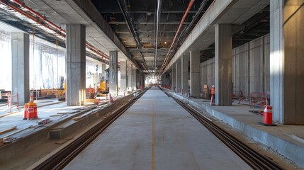 A transportation hub under construction, showing concrete pillars and structural supports.