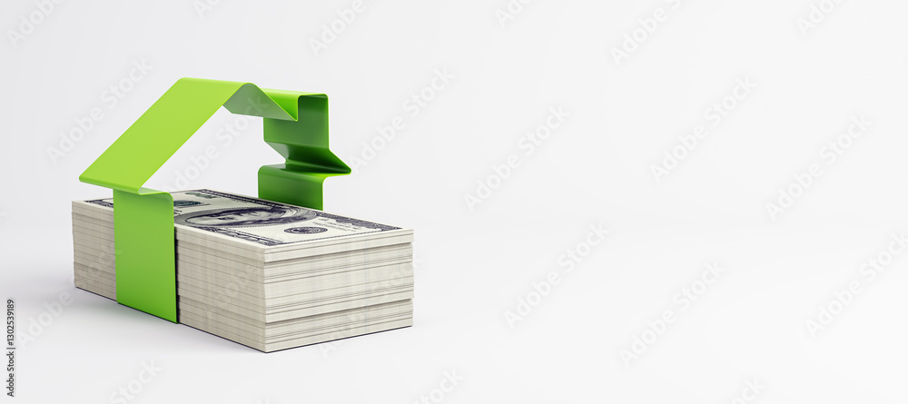 Poster house shape made of green ribbon over stack of dollar bills. 3d rendering