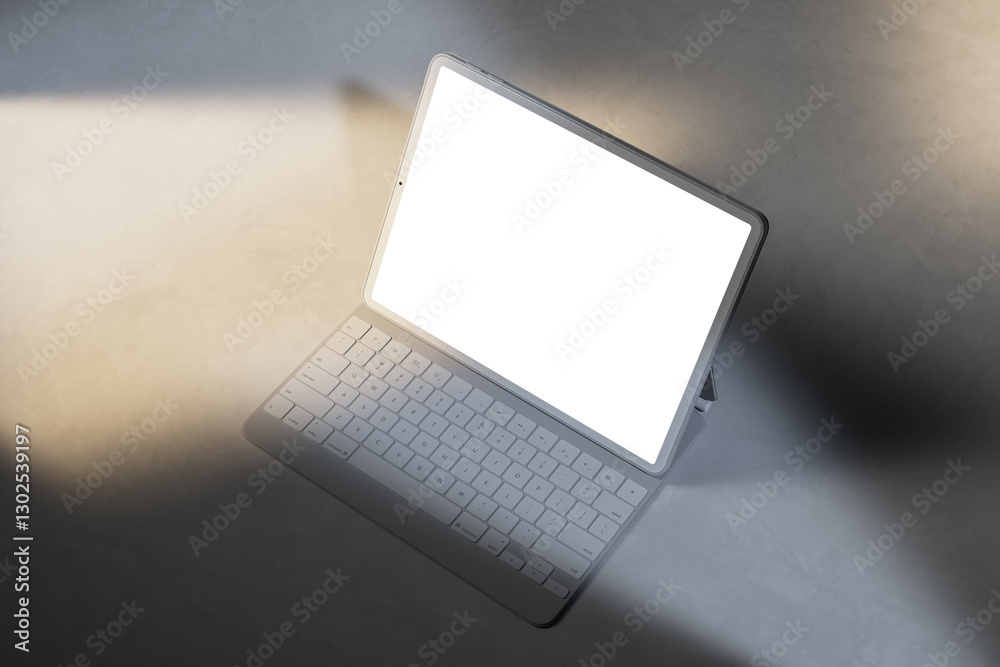 Poster Tablet with detachable keyboard on a table with spotlight. 3D Rendering
